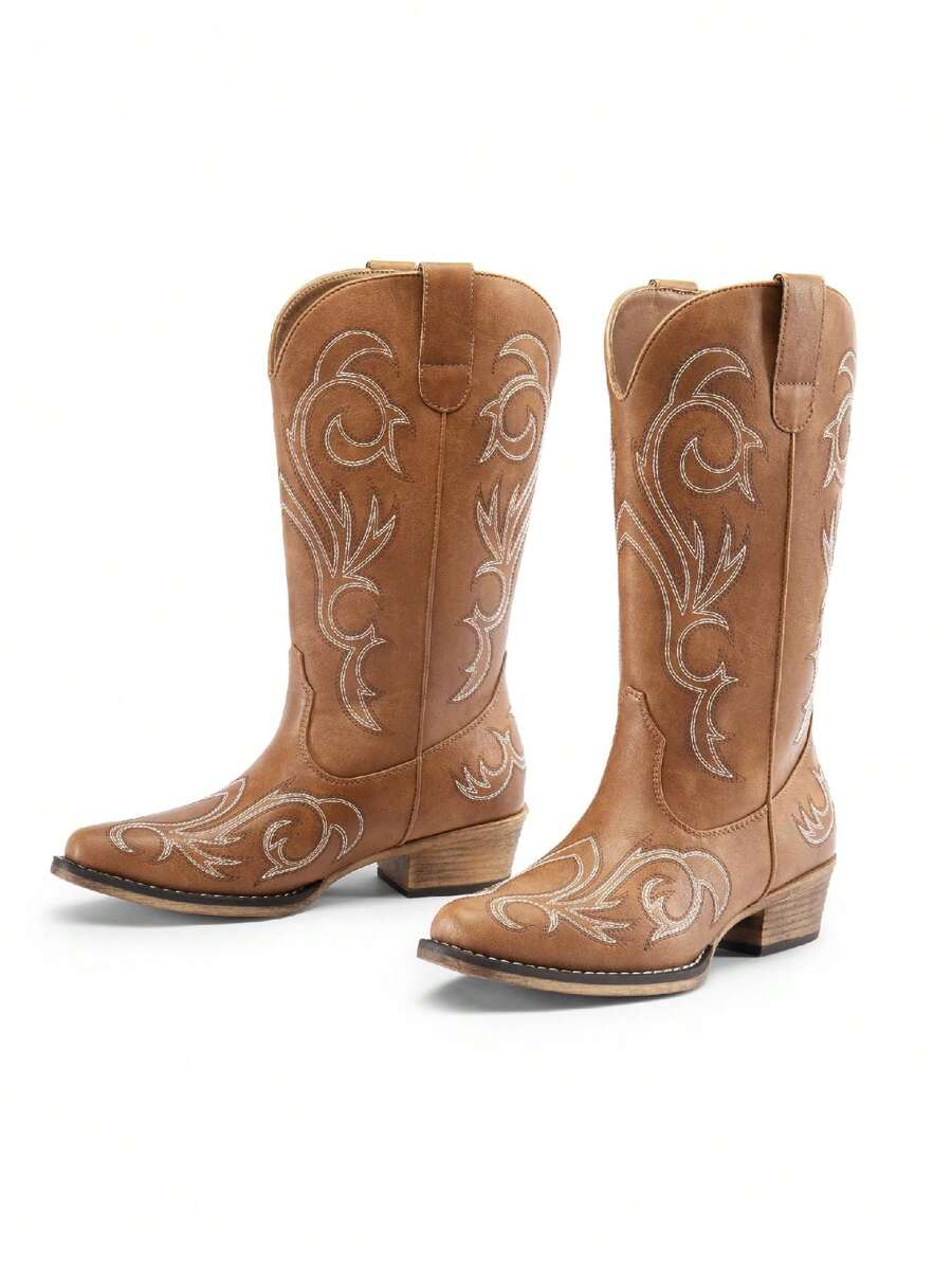 Ruched shaft view of Stylish Women's Mid-Calf Cowgirl Boots with Chunky Heel and Embroidery for Festivals and Parties for punk motorcycle boot styling