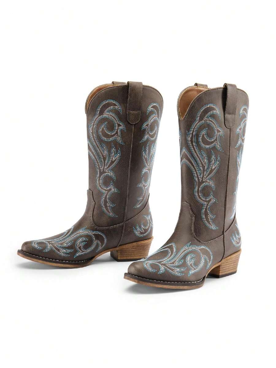Ruched shaft view of Stylish Women's Mid-Calf Cowgirl Boots with Chunky Heel and Embroidery for Festivals and Parties for punk motorcycle boot styling