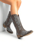 Heel view of Stylish Women's Mid-Calf Cowgirl Boots with Chunky Heel and Embroidery for Festivals and Parties for punk motorcycle boot styling