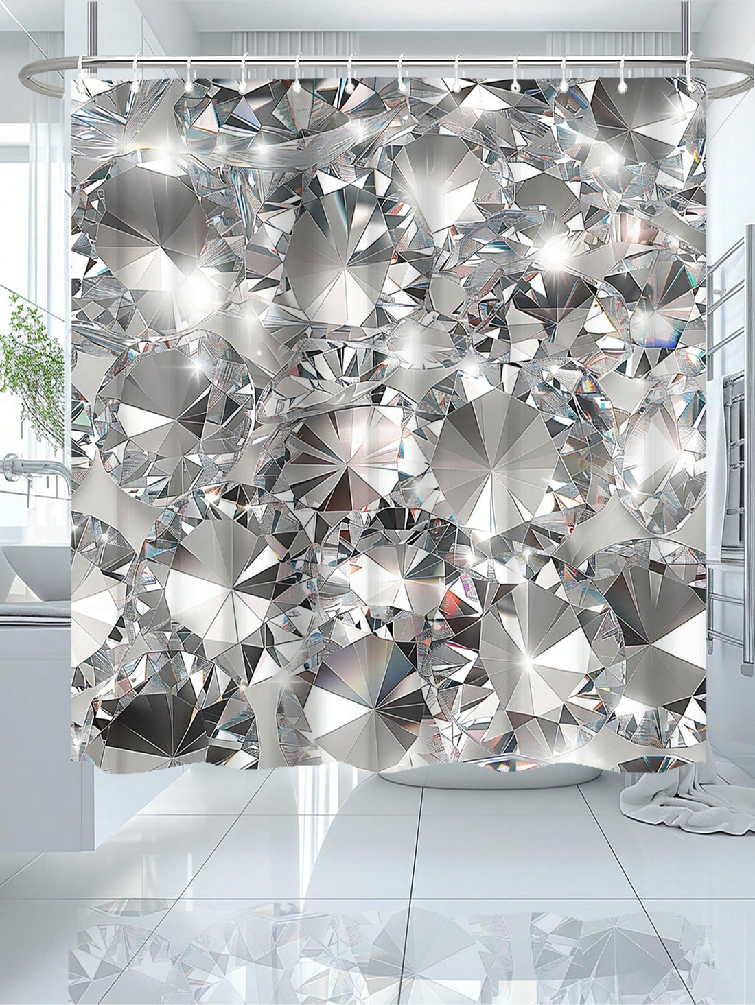 This Modern Art Style Silver Shower Curtain is crafted with waterproof polyester and features a stunning crystal design. With a size of 71x71 inches, it comes with 12 hooks for easy installation. Elevate your bathroom with this stylish and functional addition.