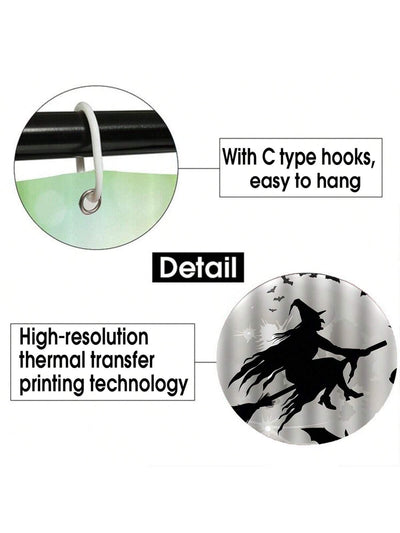 Halloween Haunt Bathroom Decor Set: Witch Broomstick, Moon & Bat Shower Curtain