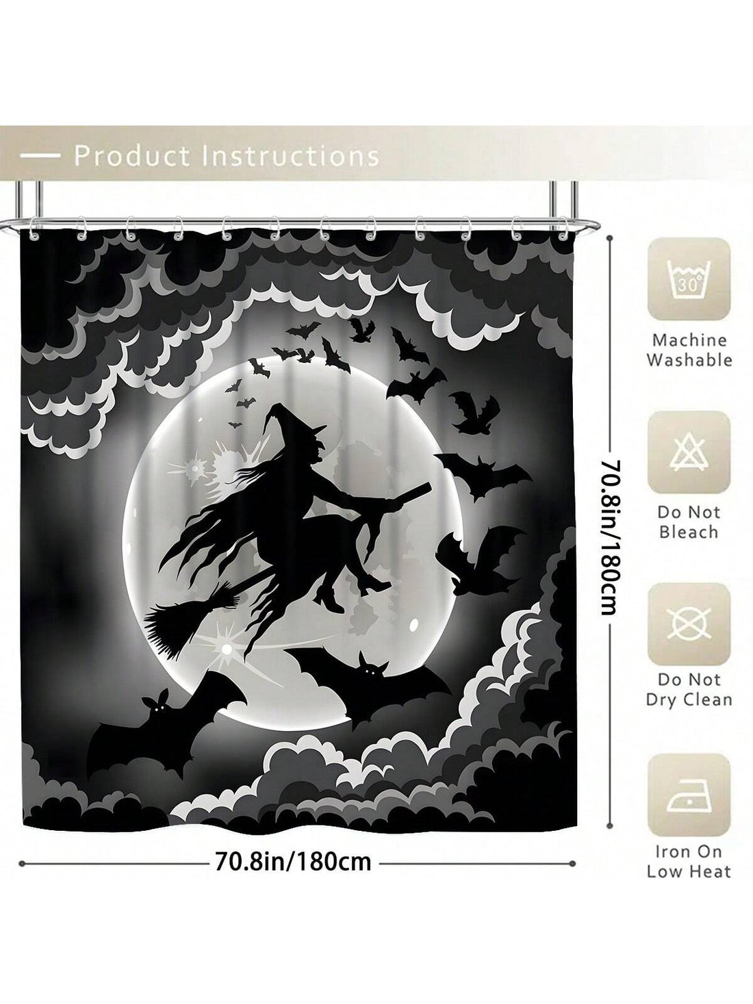 Transform your bathroom into a spooky Halloween haunt with our Witch Broomstick, Moon & Bat Shower Curtain. Featuring a witch flying on her broomstick under a full moon with a bat perched on top, this set is perfect for adding a touch of festive fright to your home.