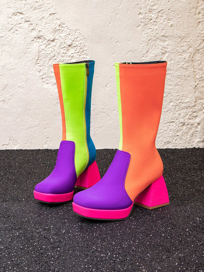 Stylish Autumn-Winter Colorblock Platform Boots with Chunky Heel for Women