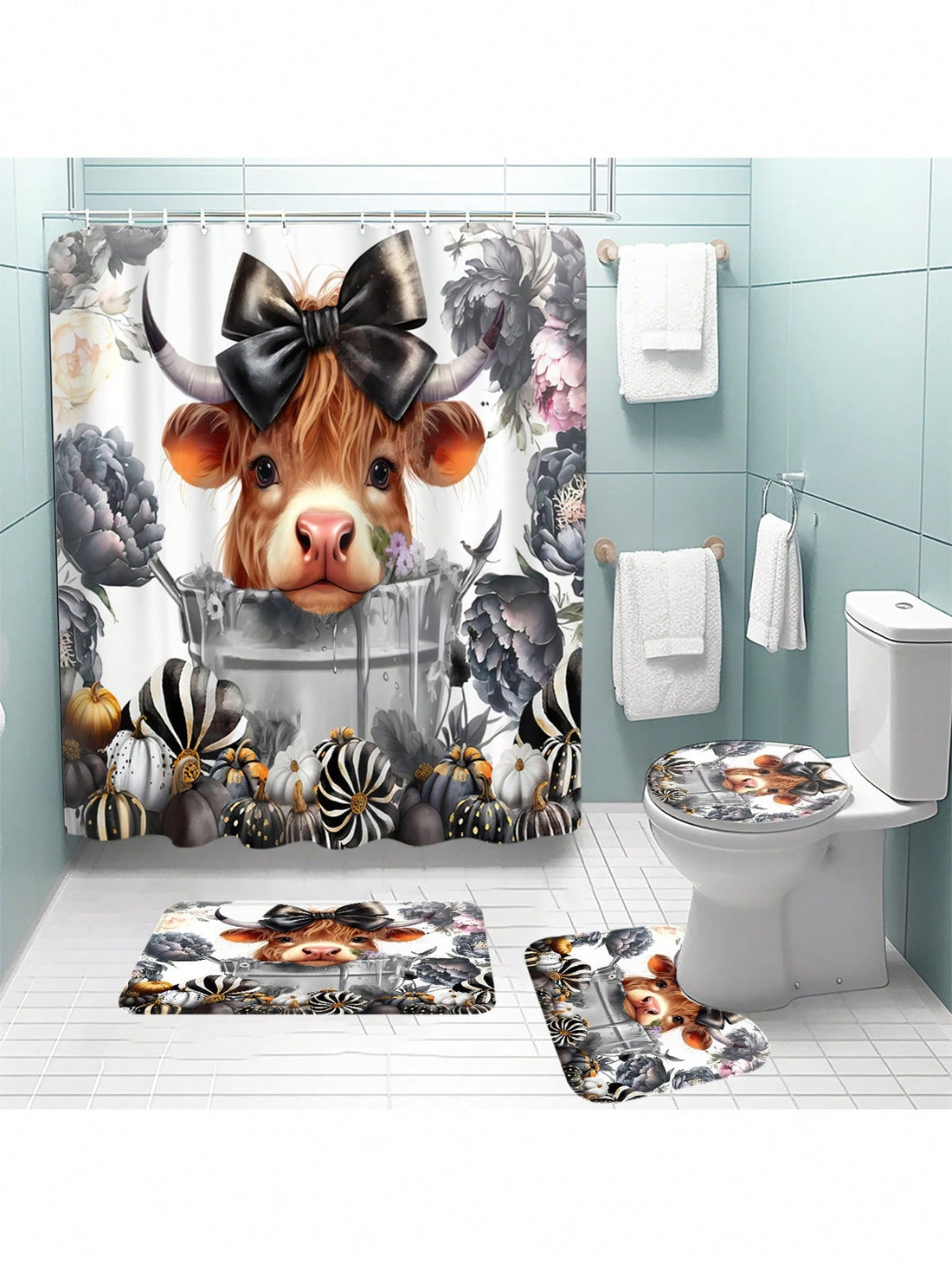 Enhance your bathroom with our Fall Harvest Farmhouse Bathroom Set. Featuring a charming pumpkin and sunflower design, this set includes a shower curtain and toilet lid cover for a cozy and inviting feel. Bring the warmth of the harvest season into your home with this beautiful set.