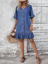 Summer Chic: Women's V-Neck Denim Dress with Ruffle Detail