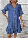 Summer Chic: Women's V-Neck Denim Dress with Ruffle Detail