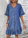 Summer Chic: Women's V-Neck Denim Dress with Ruffle Detail