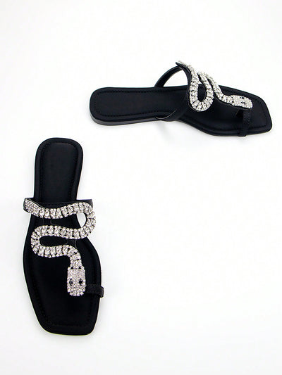 Elegantly Chic 3D Snake Crystal Chain Black Lycra Slip-On Flat Mule Sandals