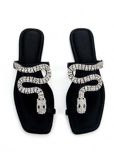 Elegantly Chic 3D Snake Crystal Chain Black Lycra Slip-On Flat Mule Sandals