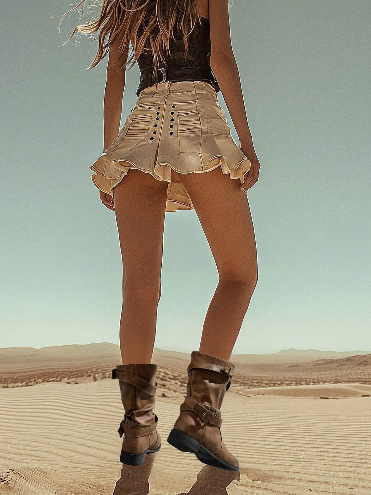 A model from behind wearing a black sleeveless top, a beige ruffled mini skirt with side buttons, and brown ankle boots, standing on sand dunes under a clear sky.