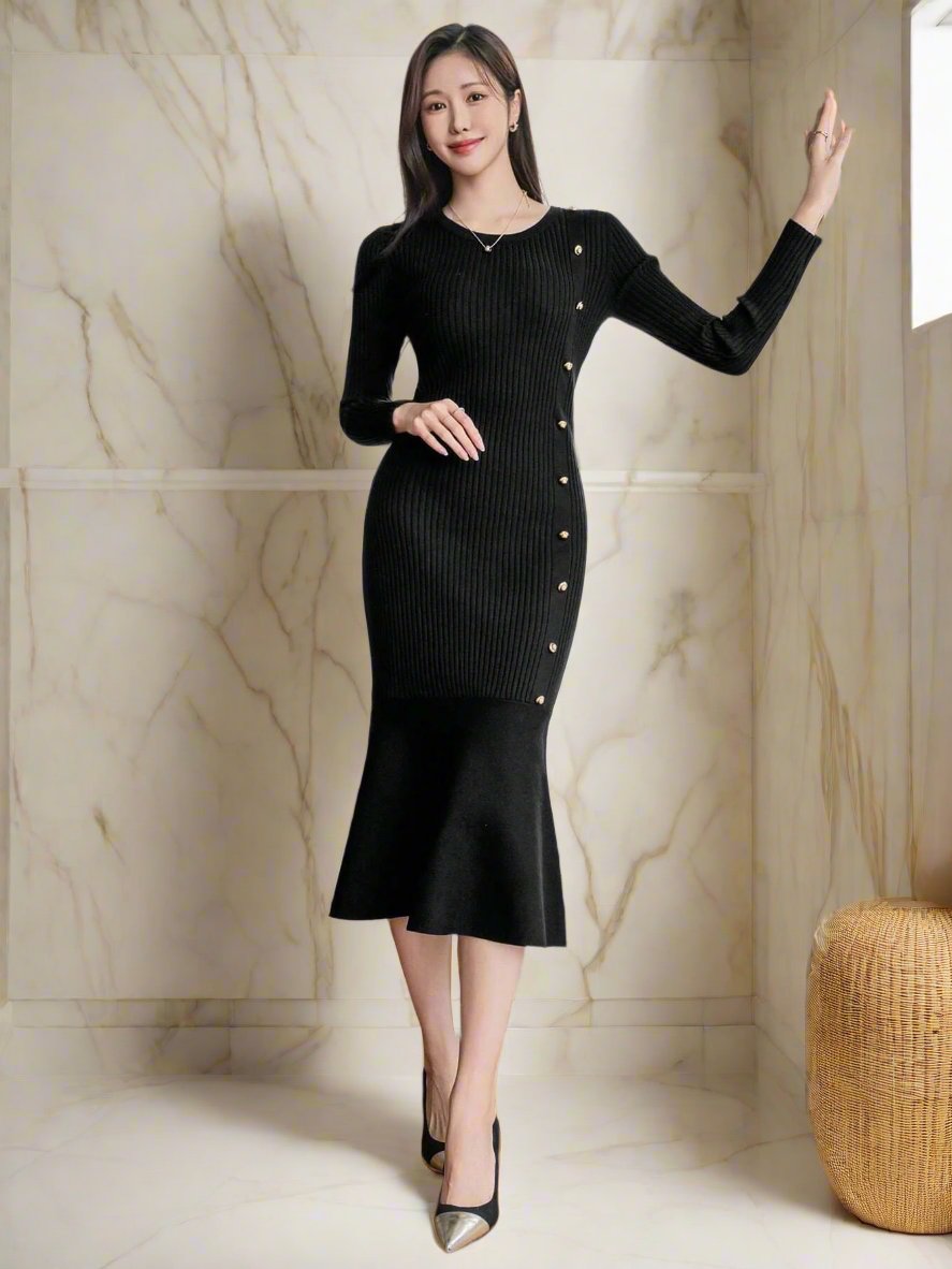 Add a touch of elegance to your wardrobe with our Fishtail Button Sweater Dress. Perfect for spring and autumn, this dress offers a flattering fishtail silhouette and convenient button detailing. Made with high-quality materials, it's the perfect addition to any fashion-forward wardrobe.
