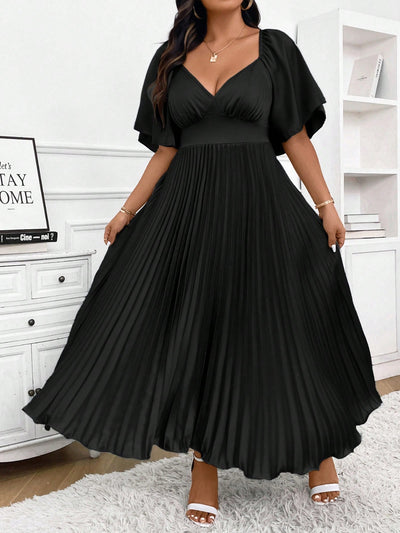 Chic Elegance: Plus Size Pleated Midi Dress with Deep V-Neck and Ruched Sleeves