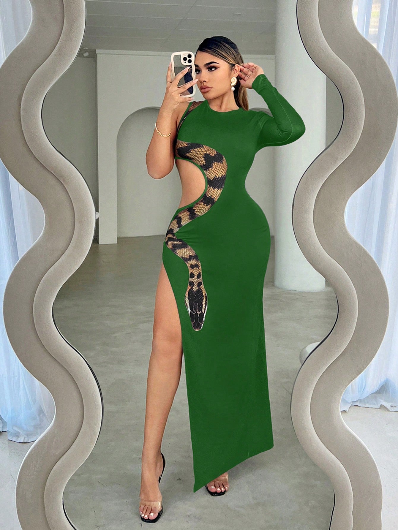 one shoulder snakeskin dress Slither in Style: Snake Skin Animal Print One Shoulder Dress Canary Houze