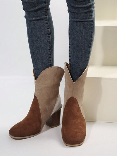 Chic Plus-Size Color Block Mid-Calf Chunky High Heel Boots for Bold Fashion Statements