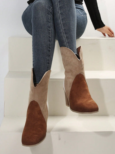 Chic Plus-Size Color Block Mid-Calf Chunky High Heel Boots for Bold Fashion Statements