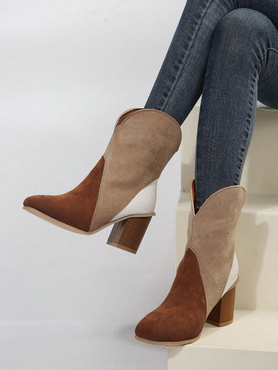 Chic Plus-Size Color Block Mid-Calf Chunky High Heel Boots for Bold Fashion Statements