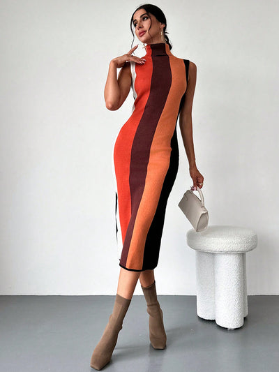 Chic Colorblock High-Neck Sleeveless Sweater Dress for Effortless Elegance