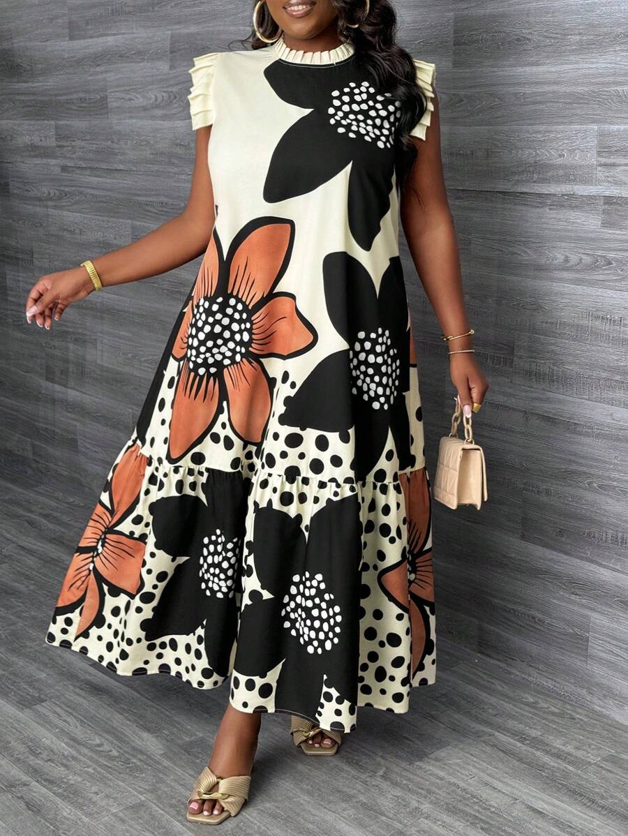 Step into sunny days with this playful plus size khaki maxi dress, perfect for your spring and summer getaways. Its flowing silhouette and charming ruffle trim add a touch of flirty elegance, while the light, breathable fabric keeps you cool on warm adventures. Embrace comfort and style effortlessly with this dress that moves with you from beach strolls to sunset dinners.