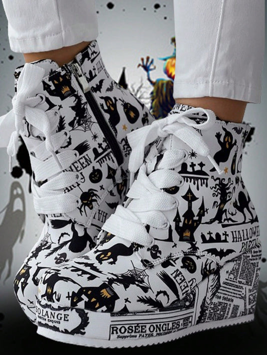 Cute and Cozy: Cartoon Print Zipper Wedge Boots for Autumn/Winter