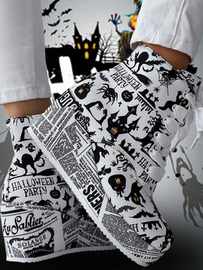 Cute and Cozy: Cartoon Print Zipper Wedge Boots for Autumn/Winter