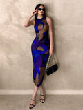 Front view of cobalt purple and brown abstract print midi dress