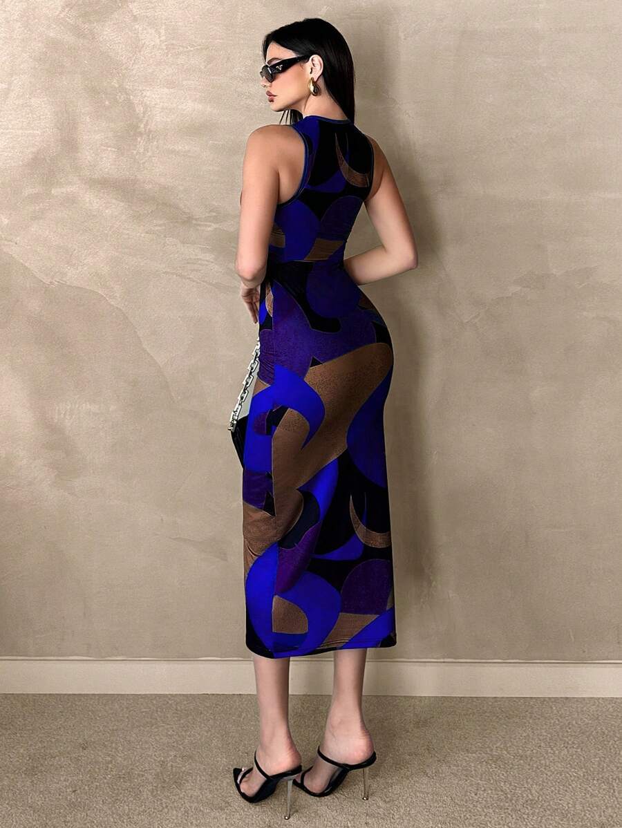 Rear angle of multicolor sleeveless fitted bodycon midi dress