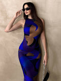 Close-up of cobalt color block ruched waist stretch knit dress