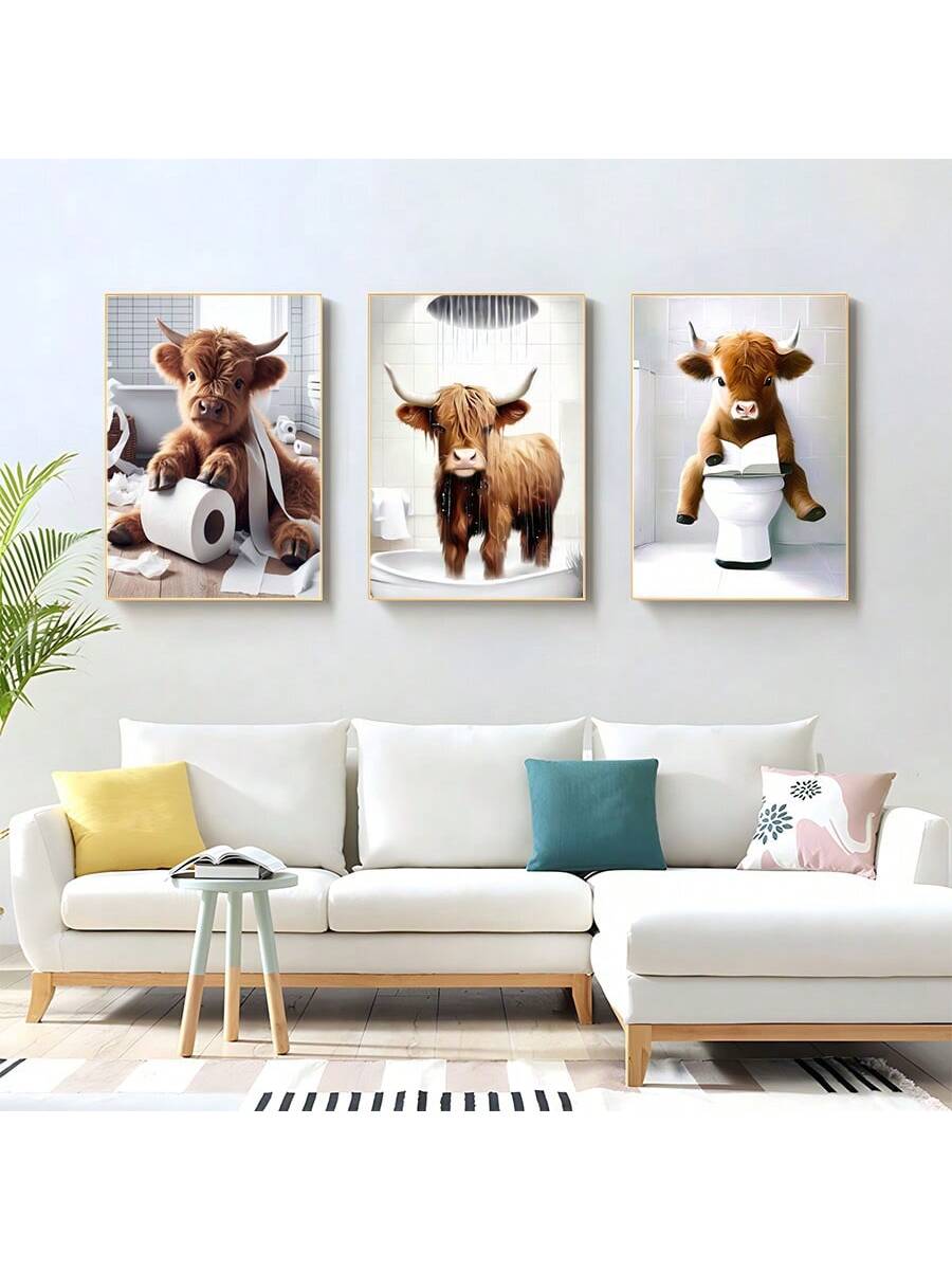 Add a touch of whimsy to your bathroom with this set of canvas posters featuring funny and lovable Scottish Highland cows. Perfect for animal lovers, these posters are sure to make you smile every time you enter your bathroom. With professional quality and a playful aesthetic, they are a unique addition to any space.