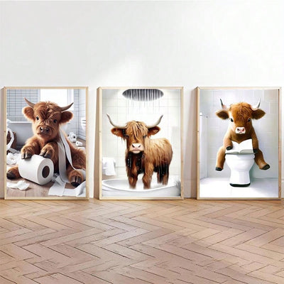 Funny Scottish Highland Cow Bathroom Canvas Poster Set: Whimsical Wall Art for Animal Lovers