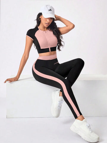 crew neck zip crop top and striped long leggings women sportswear set with colorblock panels image 1