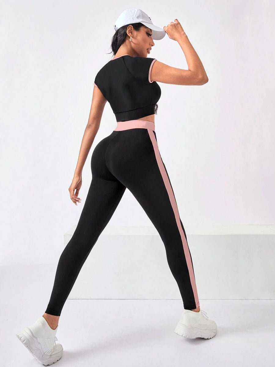 crew neck zip crop top and striped long leggings women sportswear set with colorblock panels image 1