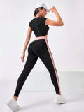 crew neck zip crop top and striped long leggings women sportswear set with colorblock panels image 2