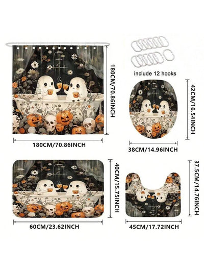 Cartoon Pumpkin & Skull Halloween Bathroom Set: Shower Curtain, Hooks, Mat, Rug