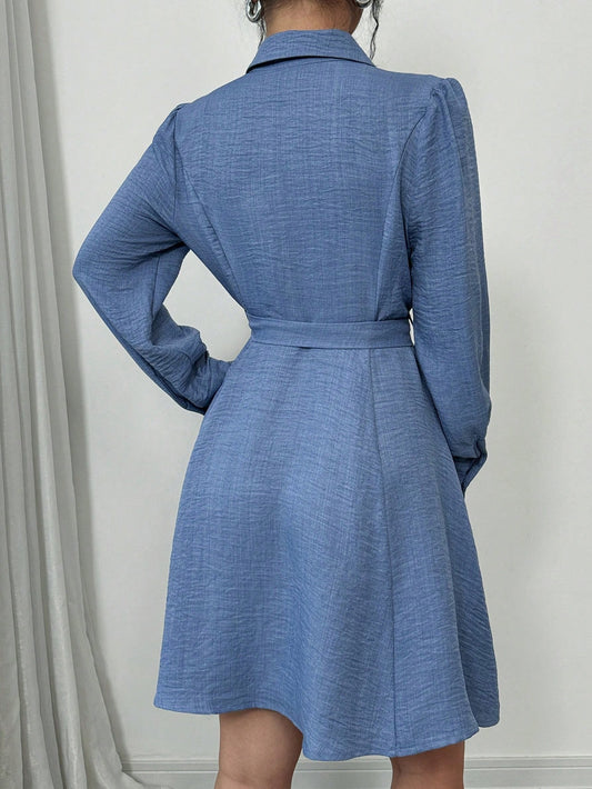 Elegant Ruched Waist Long Sleeve Dress with Front Buttons