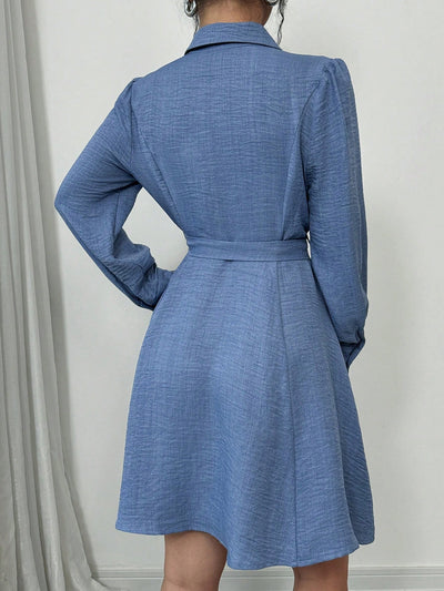 Elegant Ruched Waist Long Sleeve Dress with Front Buttons