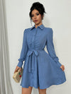 Elegant Ruched Waist Long Sleeve Dress with Front Buttons