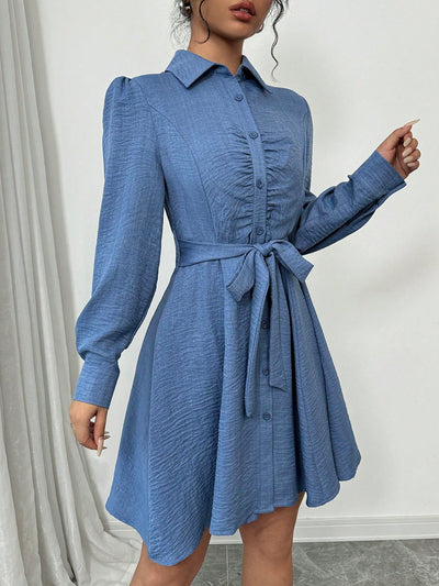 Elegant Ruched Waist Long Sleeve Dress with Front Buttons