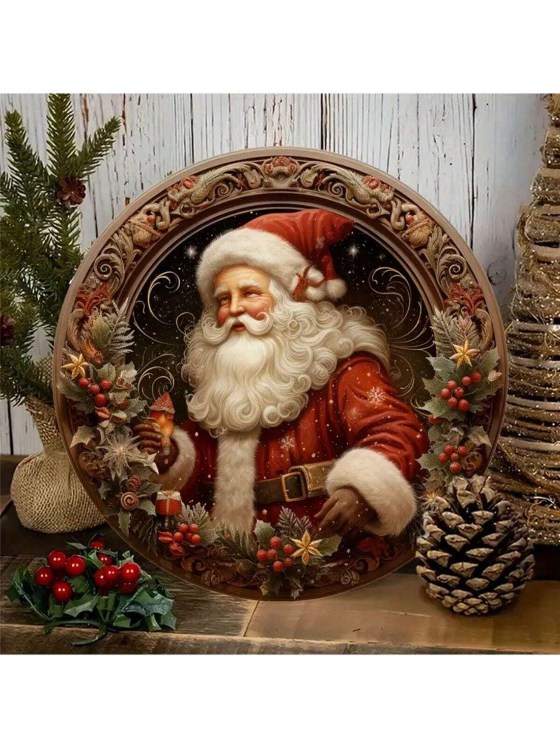 Celebrate the holiday season with our charming Santa Claus Family Wreath Metal Sign. This festive indoor decoration is perfect for bringing holiday cheer to any room. Made of durable metal, this sign features a beautiful wreath design and a jolly Santa Claus, adding a touch of warmth and tradition to your festive decor.
