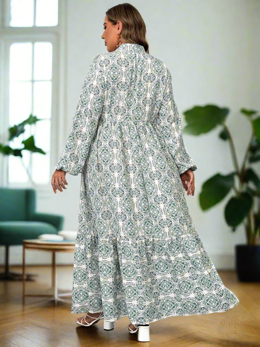 Upgrade your wardrobe with our Effortless Elegance: Plus Size Casual Allover Print Lantern Sleeve Long Dress. Made for comfort and style, enjoy the flowy silhouette and eye-catching print. Perfect for any occasion, you'll effortlessly stand out in this elegant dress.