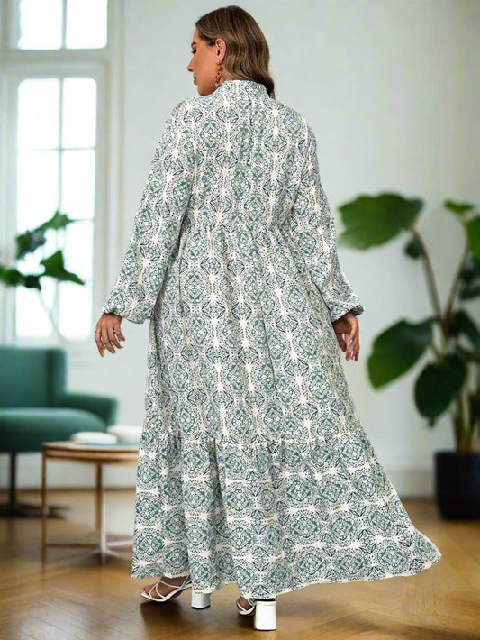 Effortless Elegance: Plus Size Casual Allover Print Lantern Sleeve Long Dress