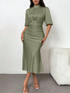 Elegant Puff Sleeve Satin Dress with Cinched Waist & Fishtail Hem