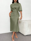 Elegant Puff Sleeve Satin Dress with Cinched Waist & Fishtail Hem