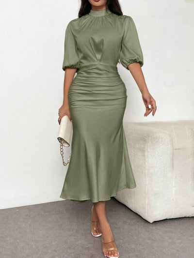 Elegant Puff Sleeve Satin Dress with Cinched Waist & Fishtail Hem