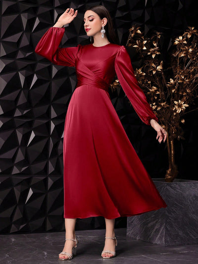 Elegant Solid Color Lantern Sleeve Maxi Dress - Perfect for Evening Parties