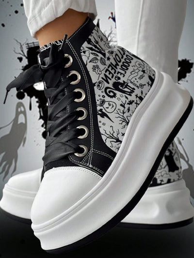 Halloween Chic: Eyelet Lace-Up Sneakers for Fall New School Season Elevator Couple Shoes