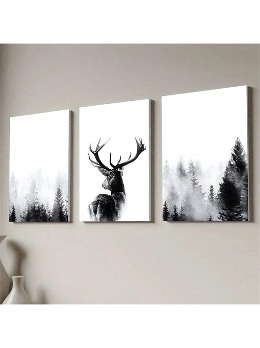 Enchanting Woodland Antler Canvas Art Set - 3 Pieces of Natural Beauty for Cozy Home Decor