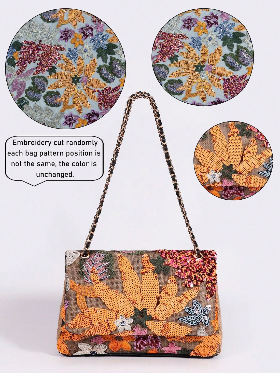 Perfect for parties and celebrations, the Chic Sequin & Embroidery Flower Chain Bag is a must-have accessory. Its intricate embroidery and sparkling sequins make a statement, while the sturdy chain allows for comfortable and secure carrying. Elevate your party look with this elegant and fashionable bag.