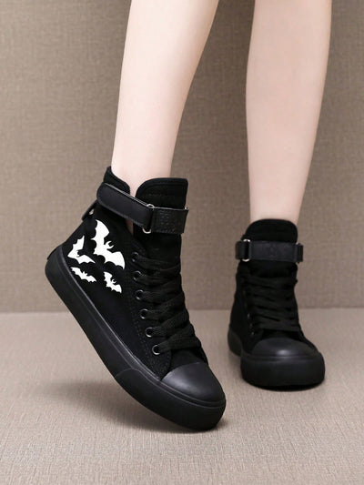 Glow-in-the-Dark Bat Print High Top Canvas Sneakers: Perfect for Halloween and Beyond