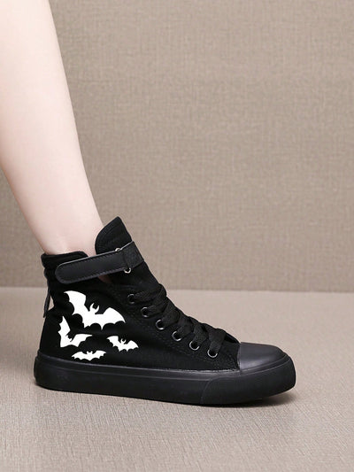 Glow-in-the-Dark Bat Print High Top Canvas Sneakers: Perfect for Halloween and Beyond