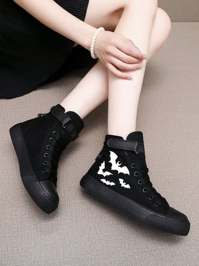 Glow-in-the-Dark Bat Print High Top Canvas Sneakers: Perfect for Halloween and Beyond